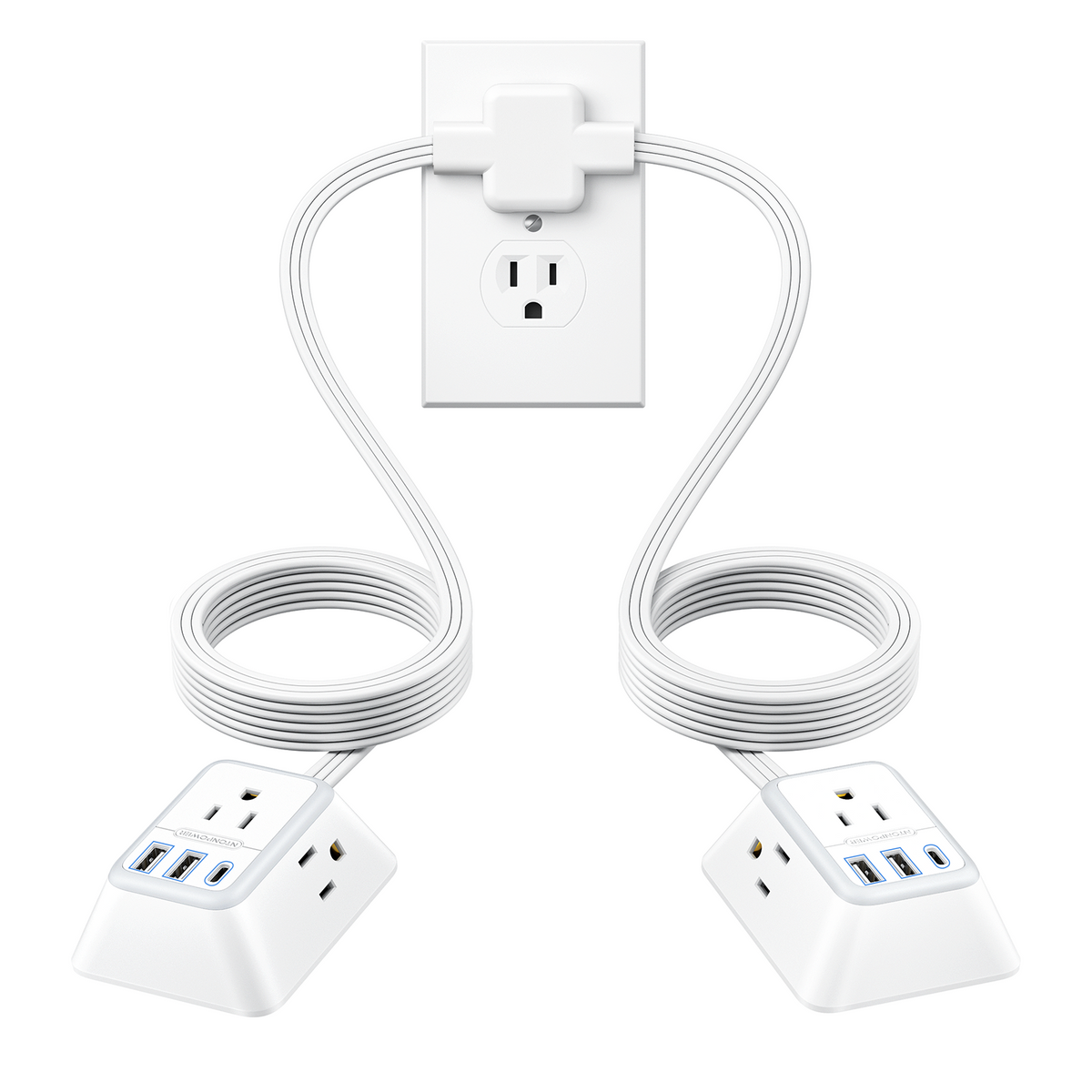 PowerNest Split Extension Cord 12FT Power Strip 3 Outlets 2 USB A 1 Type C