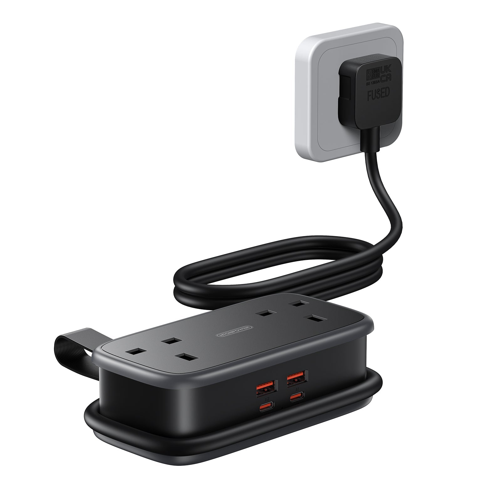 PowerNest UK 65W Travel Power Strip 2 Outlets 2 USB-A 2 USB-C