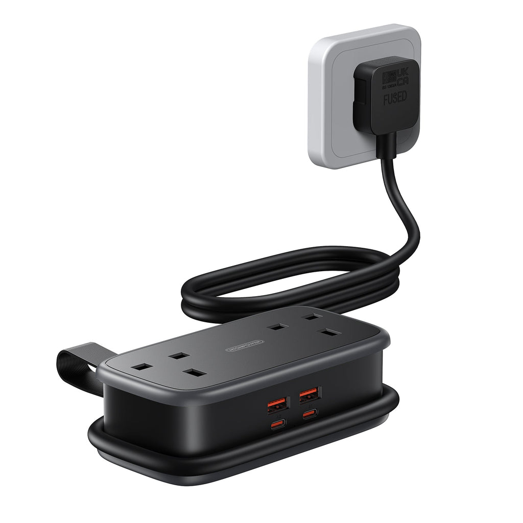 PowerNest UK 65W Travel Power Strip 2 Outlets 2 USB-A 2 USB-C