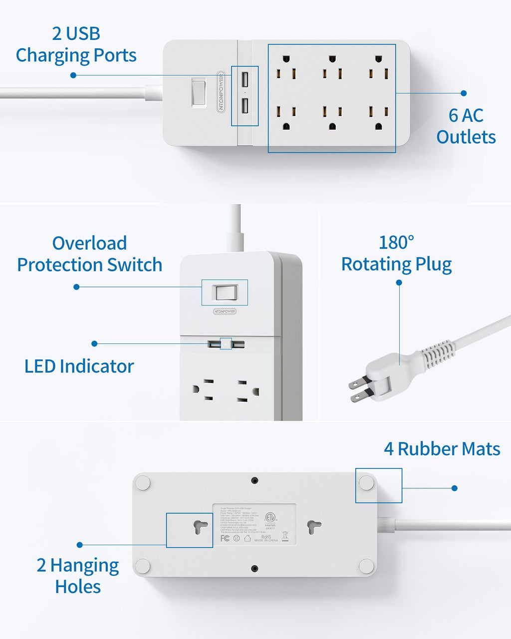 PowerNest New Surge Protector 2100J 6 Outlets 2 USB Rotating Plug