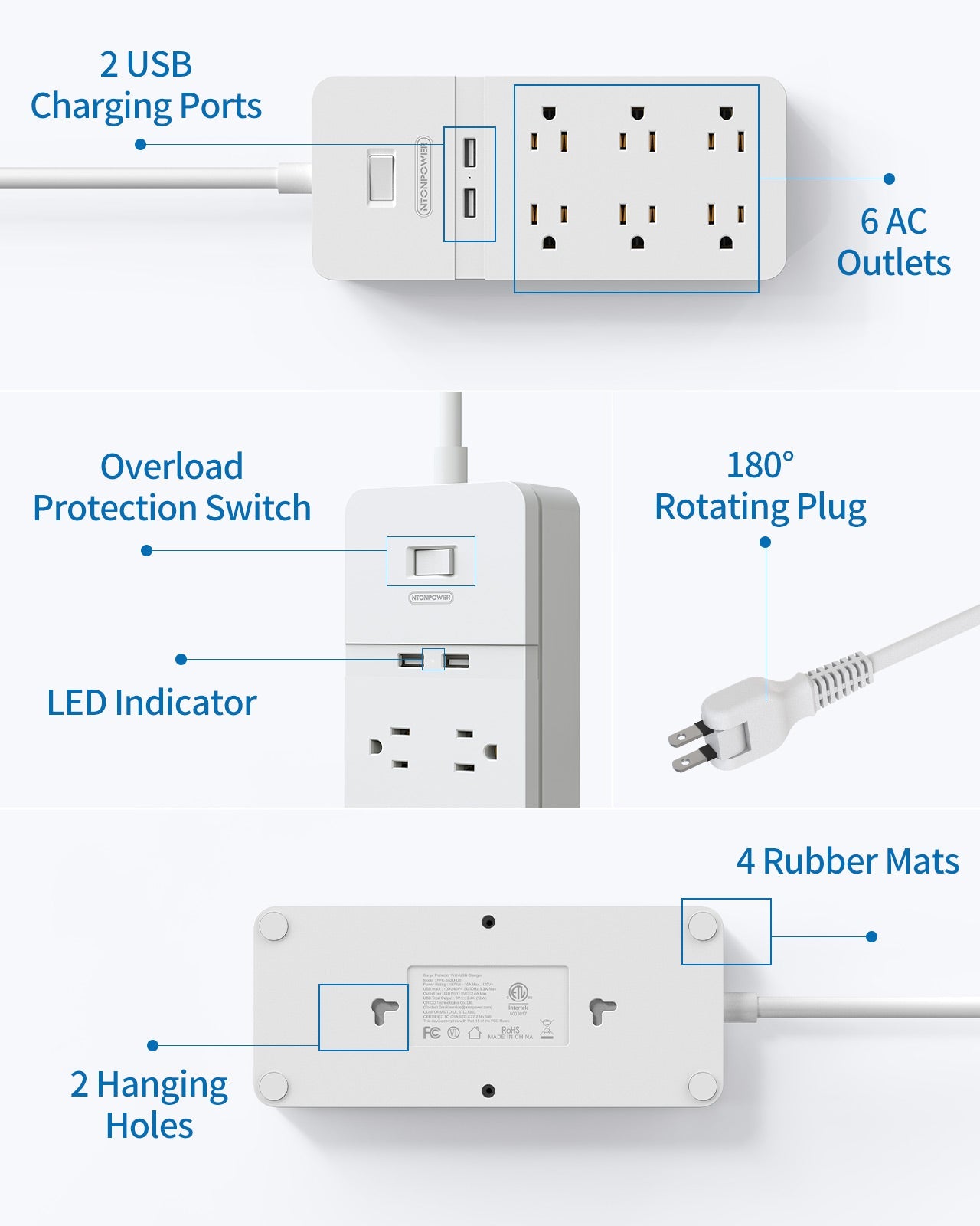 PowerNest New Surge Protector 2100J 6 Outlets 2 USB Rotating Plug