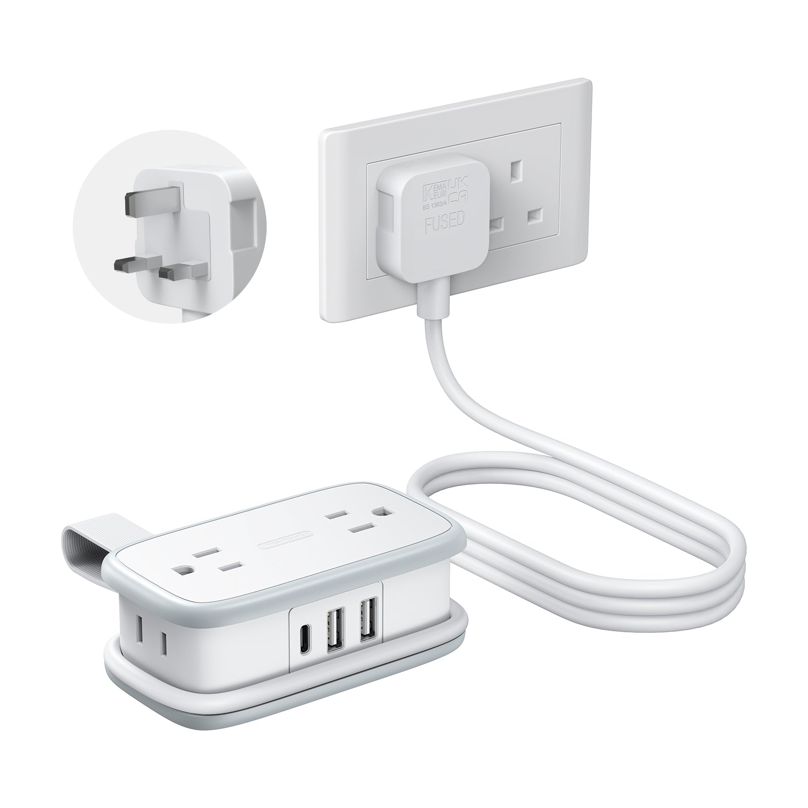 PowerNest US to UK Adapter 4 Outlets 2 USB A 1 USB C