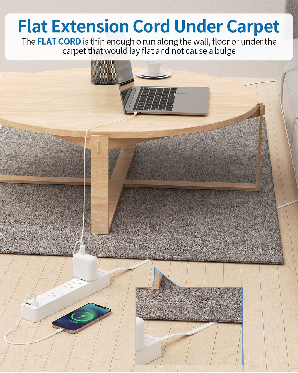 PowerNest Power Strip 4 Outlets 2 USB Super Flat Extension Cord