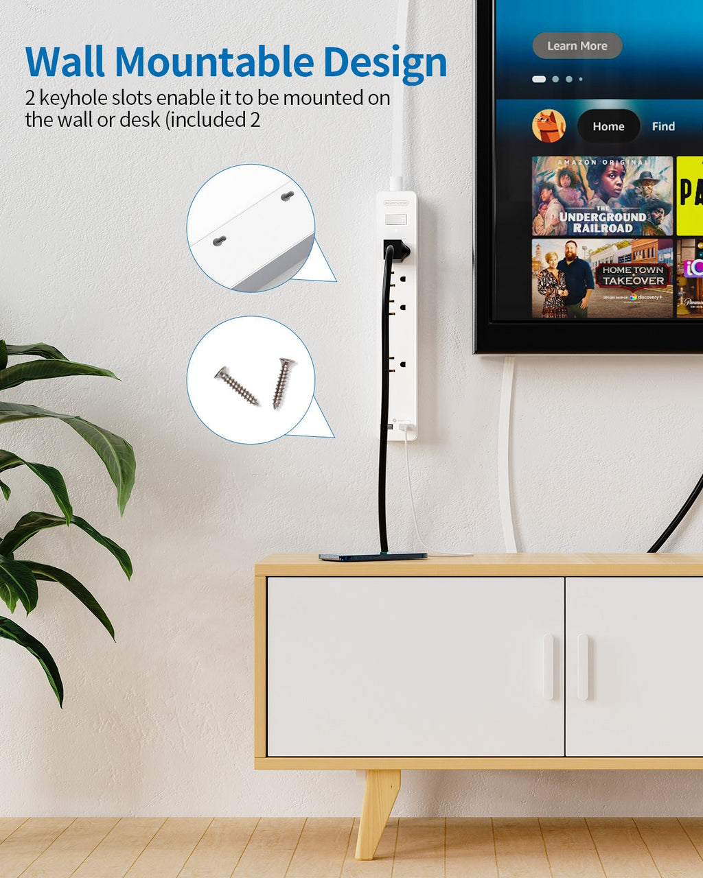 PowerNest Power Strip 4 Outlets 2 USB Super Flat Extension Cord