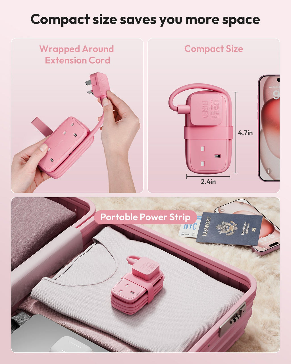 PowerNest UK Travel Power Strip 2 Outlets 2 USB-A 1 USB-C Travel & Hotel