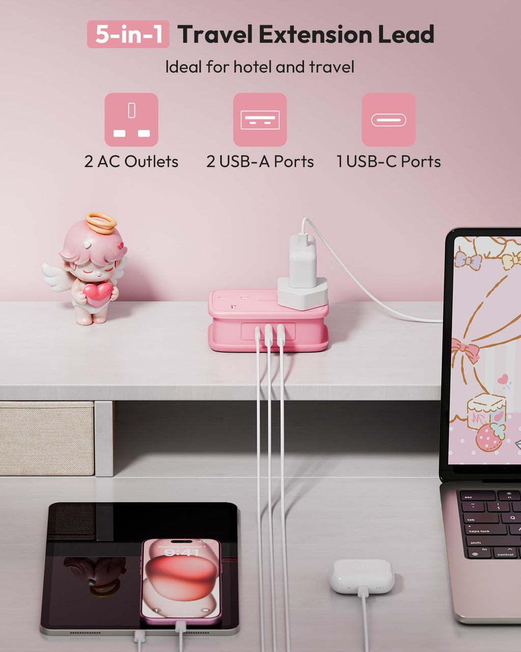 PowerNest UK Travel Power Strip 2 Outlets 2 USB-A 1 USB-C Travel & Hotel
