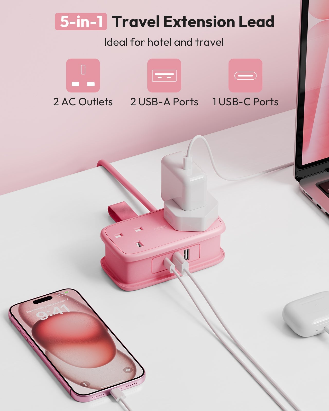 PowerNest UK Travel Power Strip 2 Outlets 2 USB-A 1 USB-C Travel & Hotel