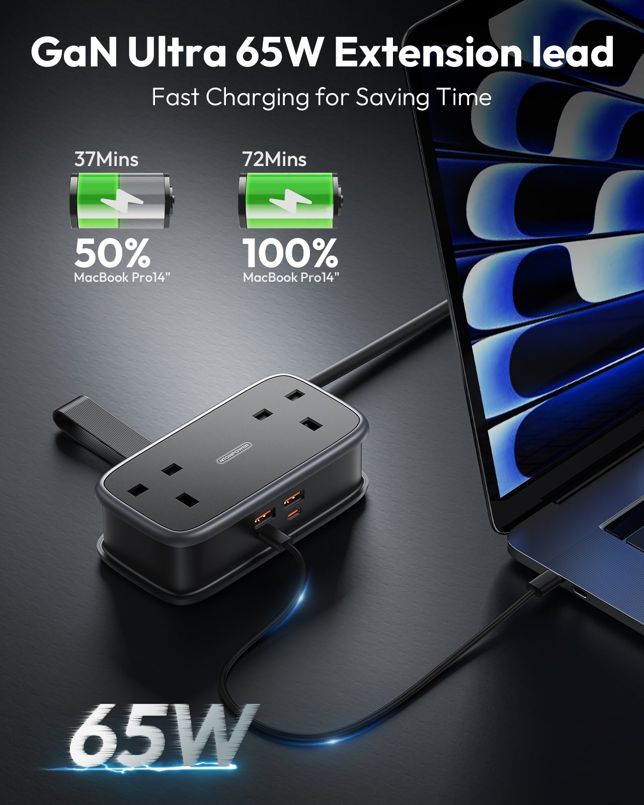 PowerNest UK 65W Travel Power Strip 2 Outlets 2 USB-A 2 USB-C