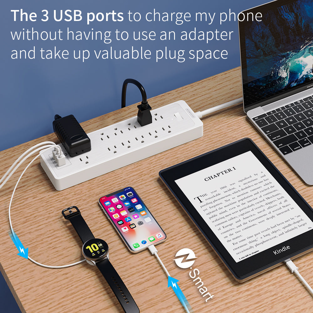 PowerNest SurgePro Power Strip 12 Outlets 3 USB Heavy Duty 2100J
