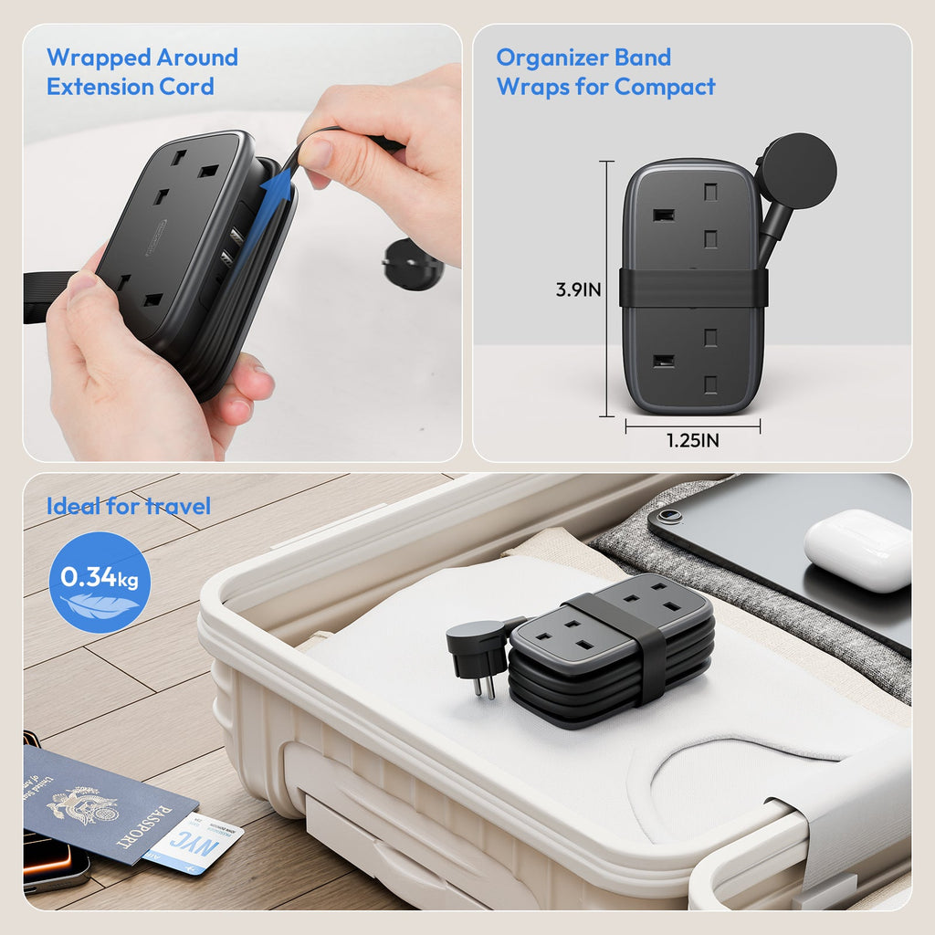 PowerNest UK to European Travel  Power Strip 2 Outlets 2 USB-A 1 USB-C