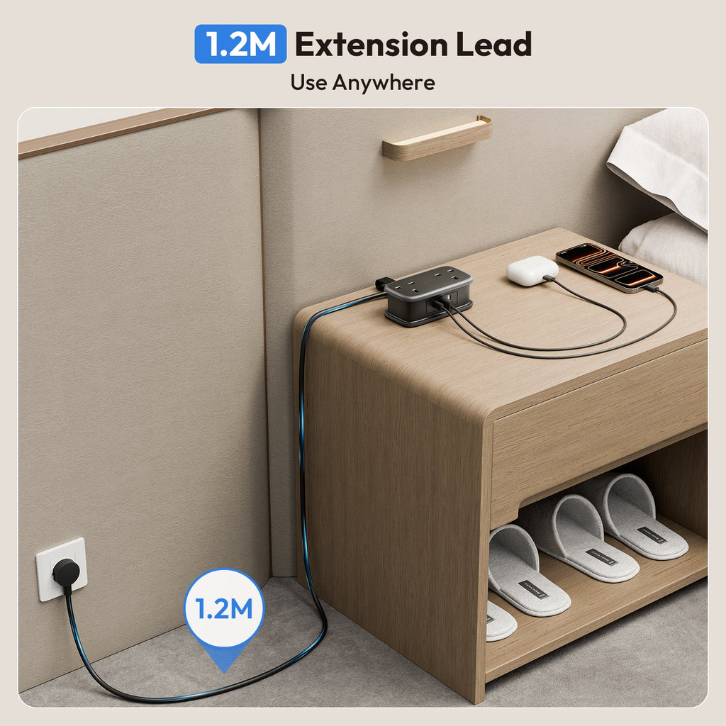 PowerNest UK to European Travel  Power Strip 2 Outlets 2 USB-A 1 USB-C