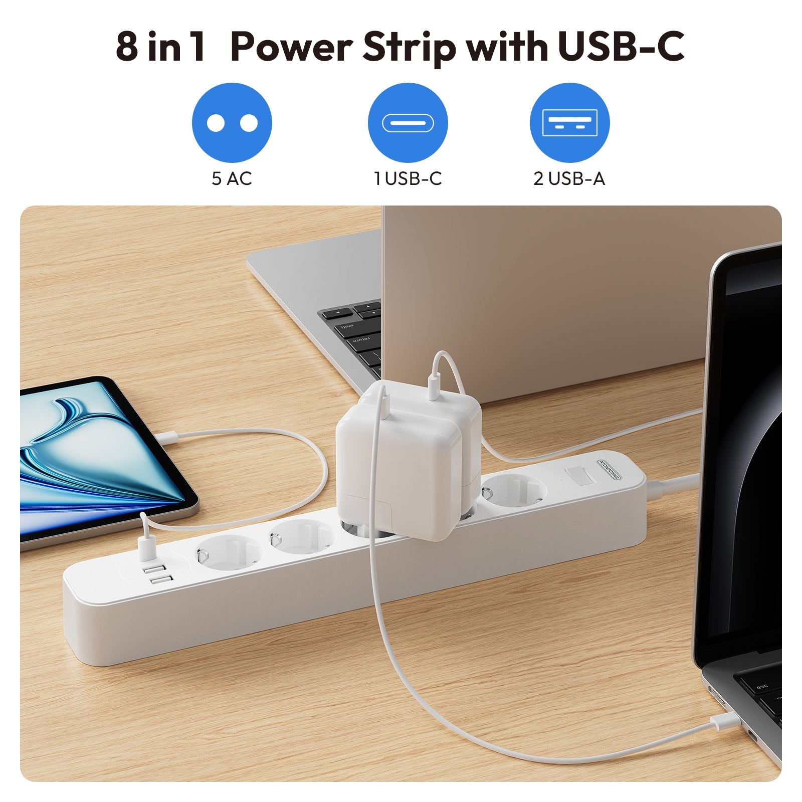 PowerNest EU Power Strip 5 Socket 2-USB-A 1-USB-C Overvoltage Protection