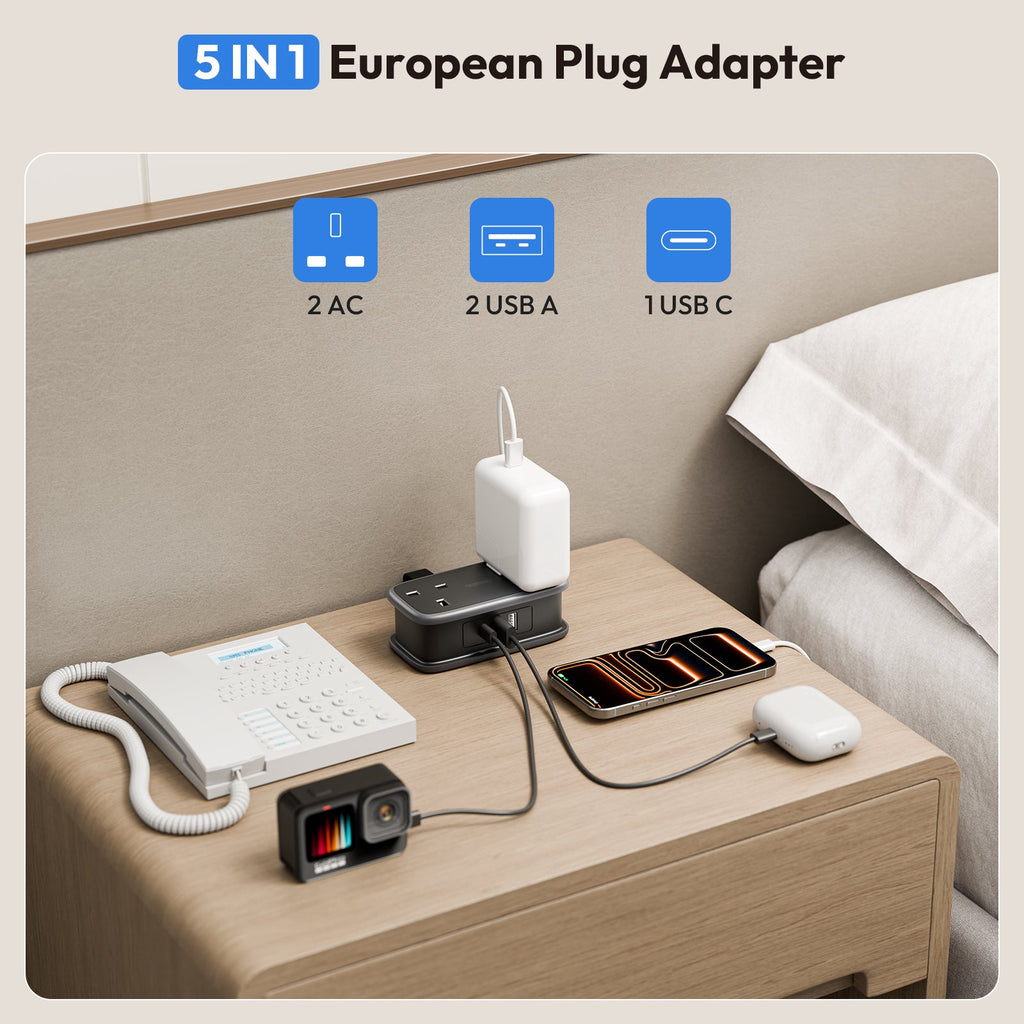 PowerNest UK to European Travel  Power Strip 2 Outlets 2 USB-A 1 USB-C