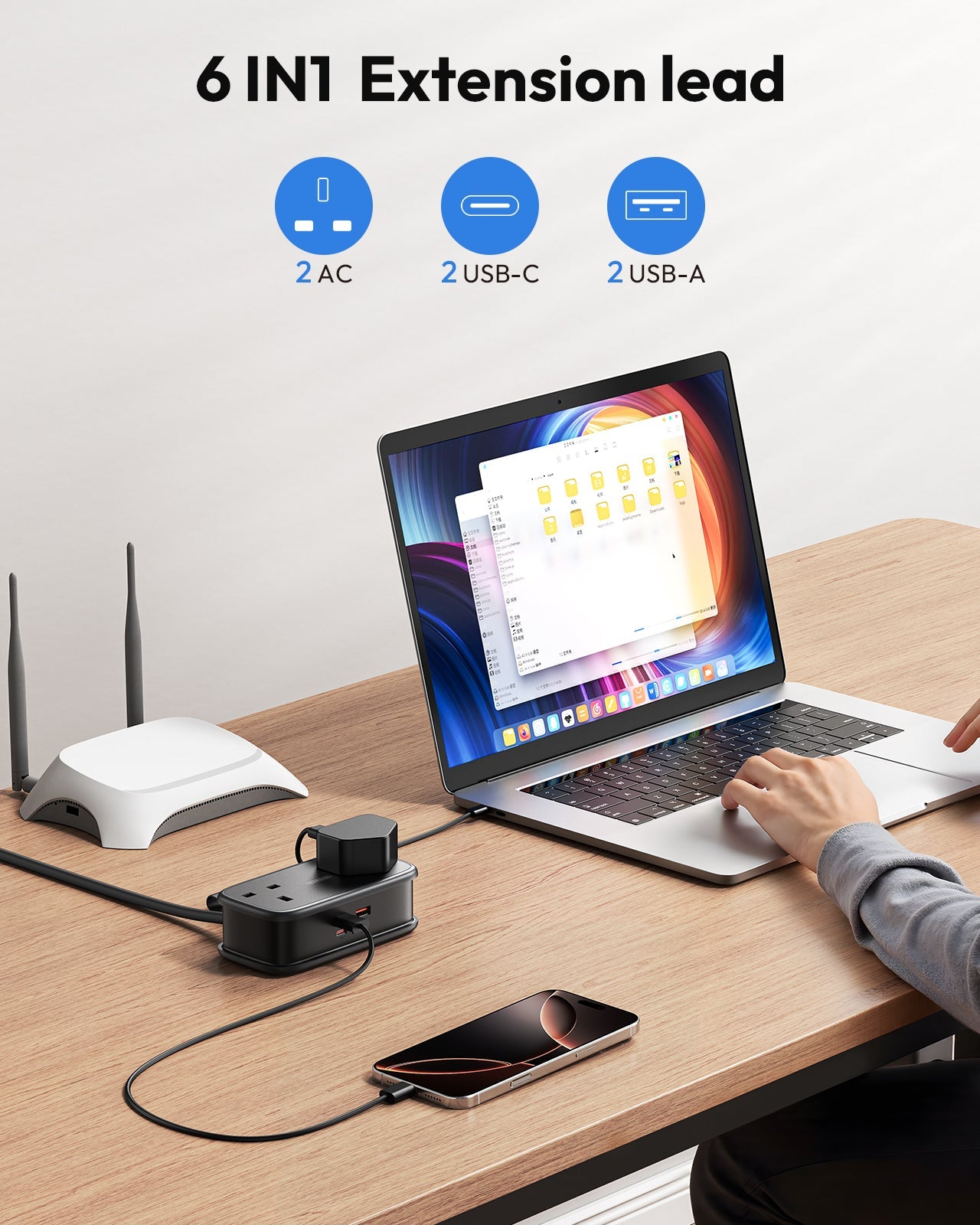 PowerNest UK 65W Travel Power Strip 2 Outlets 2 USB-A 2 USB-C