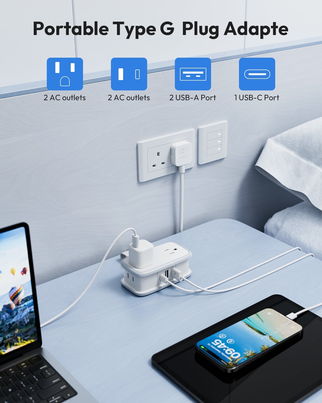 PowerNest US to UK Adapter 4 Outlets 2 USB A 1 USB C
