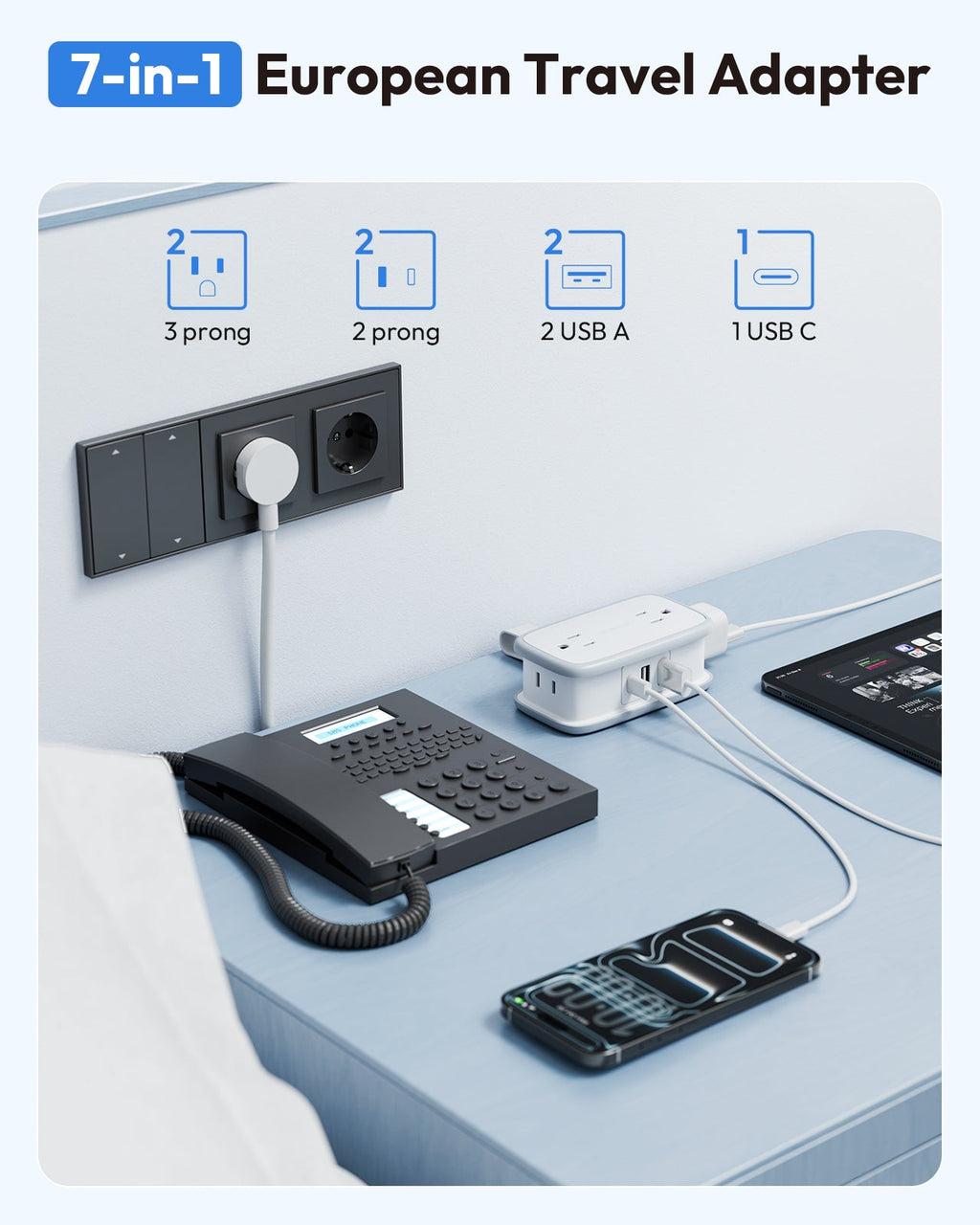 PowerNest US to Europe Plug Adapter 4 Outlets 2USB A 1 USB C