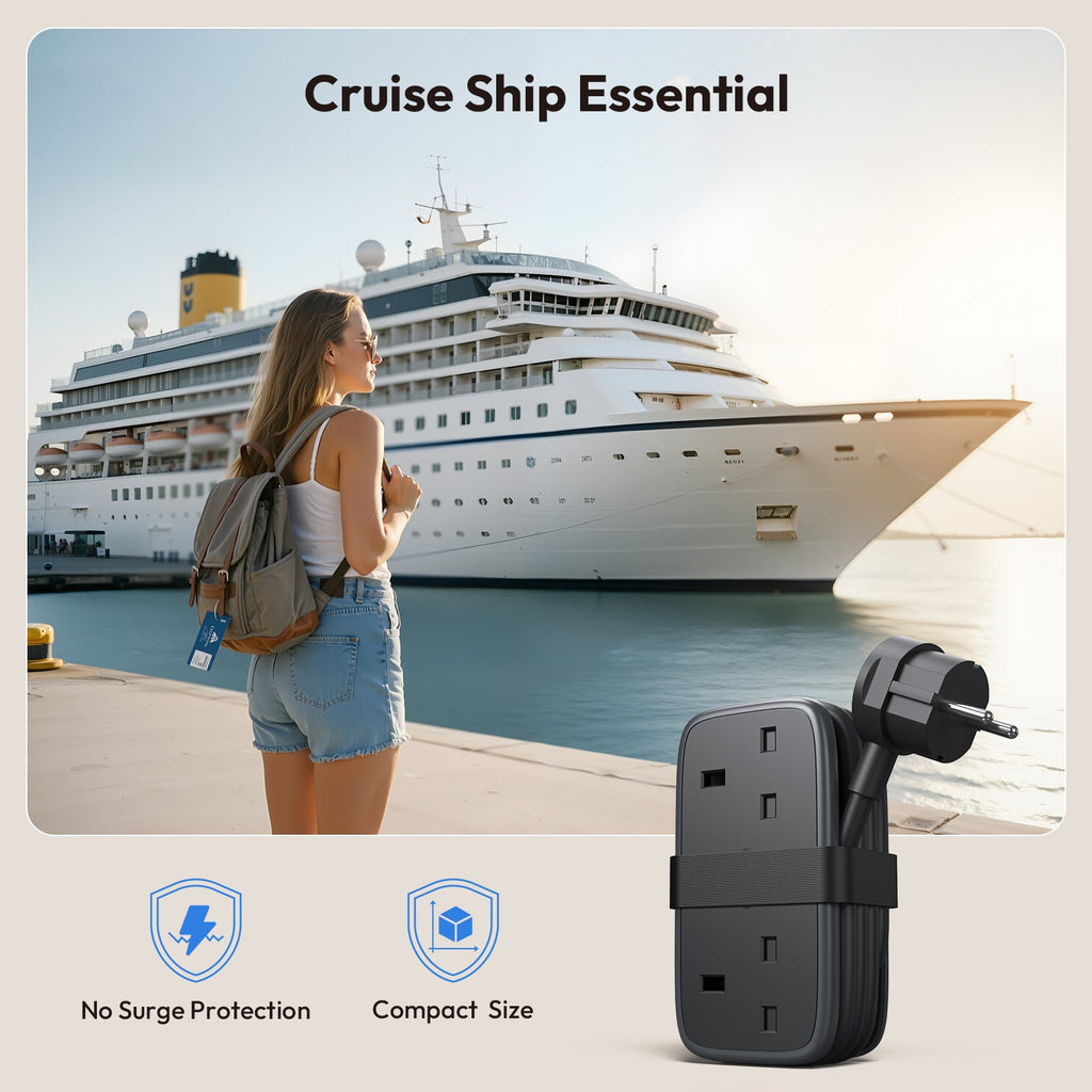 PowerNest UK to European Travel  Power Strip 2 Outlets 2 USB-A 1 USB-C