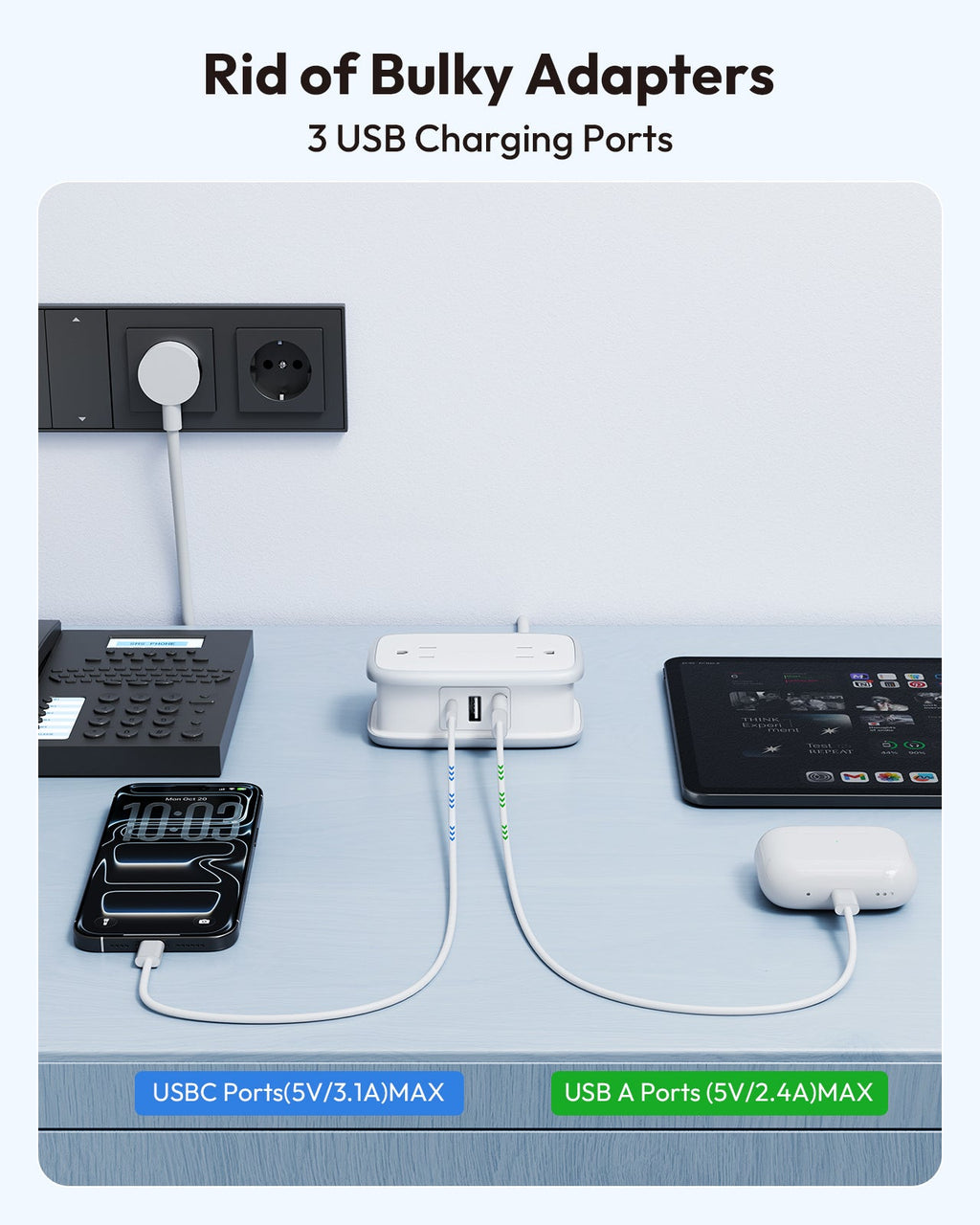 PowerNest US to Europe Plug Adapter 4 Outlets 2USB A 1 USB C