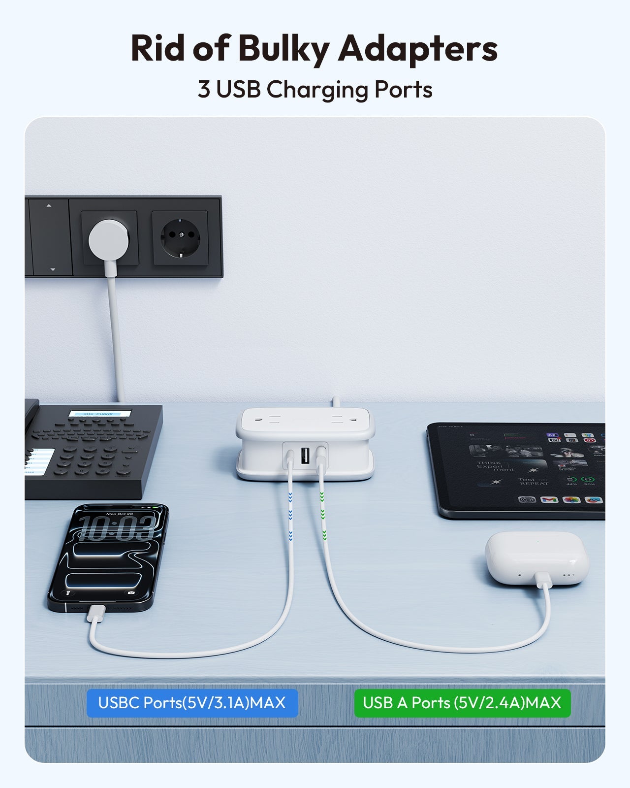 PowerNest US to Europe Plug Adapter 4 Outlets 2USB A 1 USB C