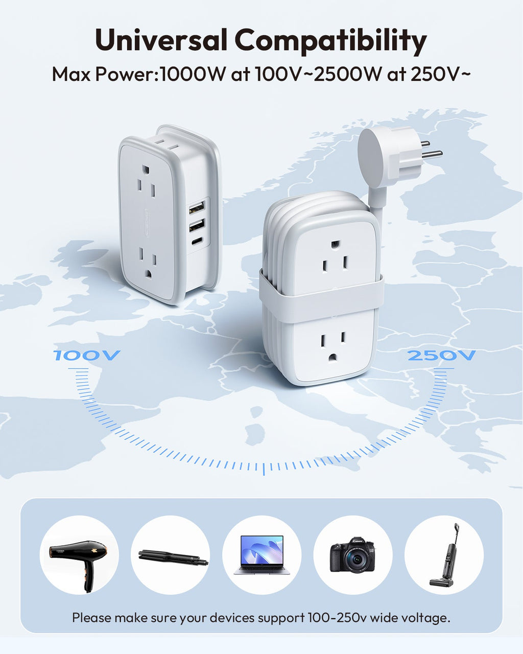 PowerNest US to Europe Plug Adapter 4 Outlets 2USB A 1 USB C