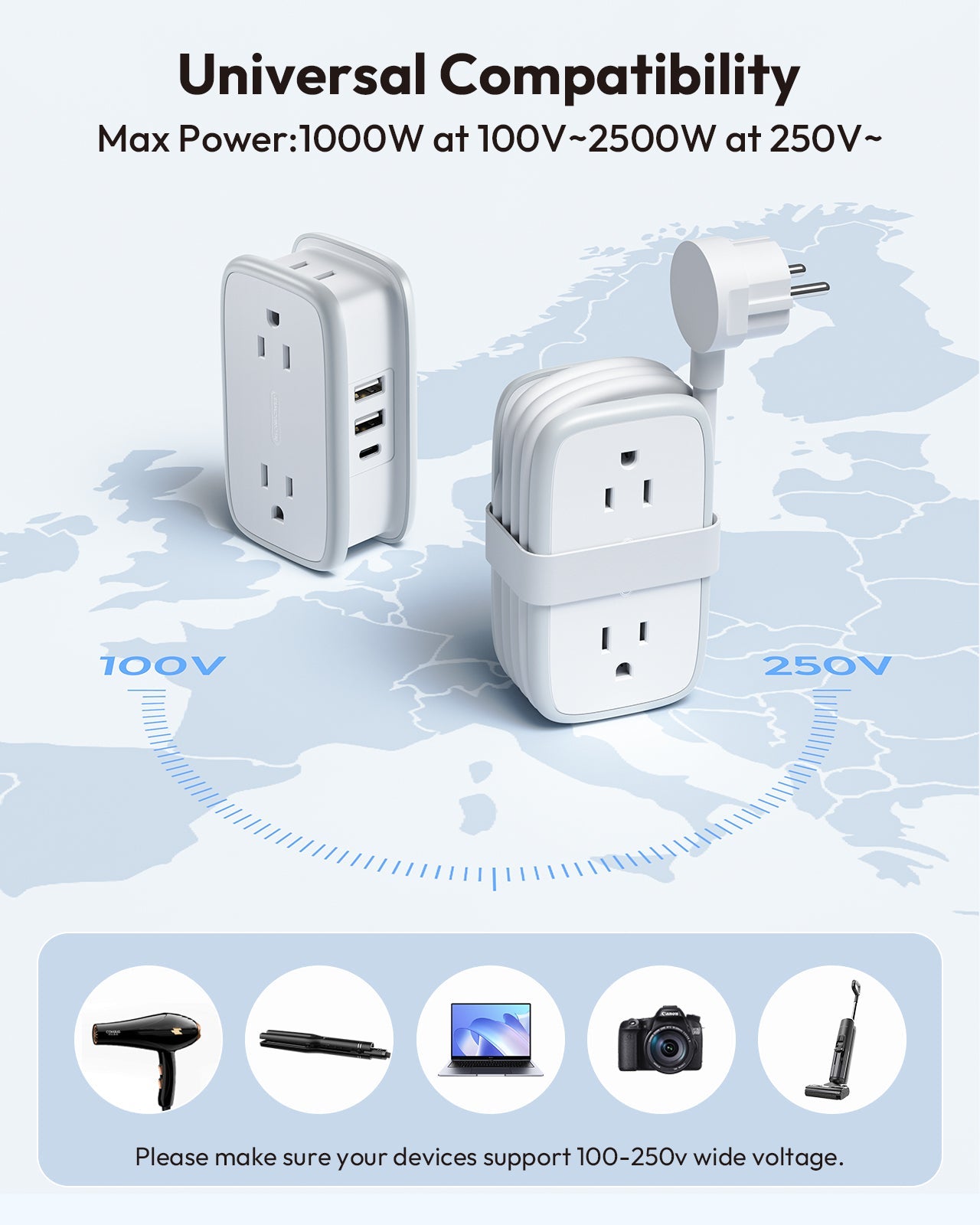 PowerNest US to Europe Plug Adapter 4 Outlets 2USB A 1 USB C