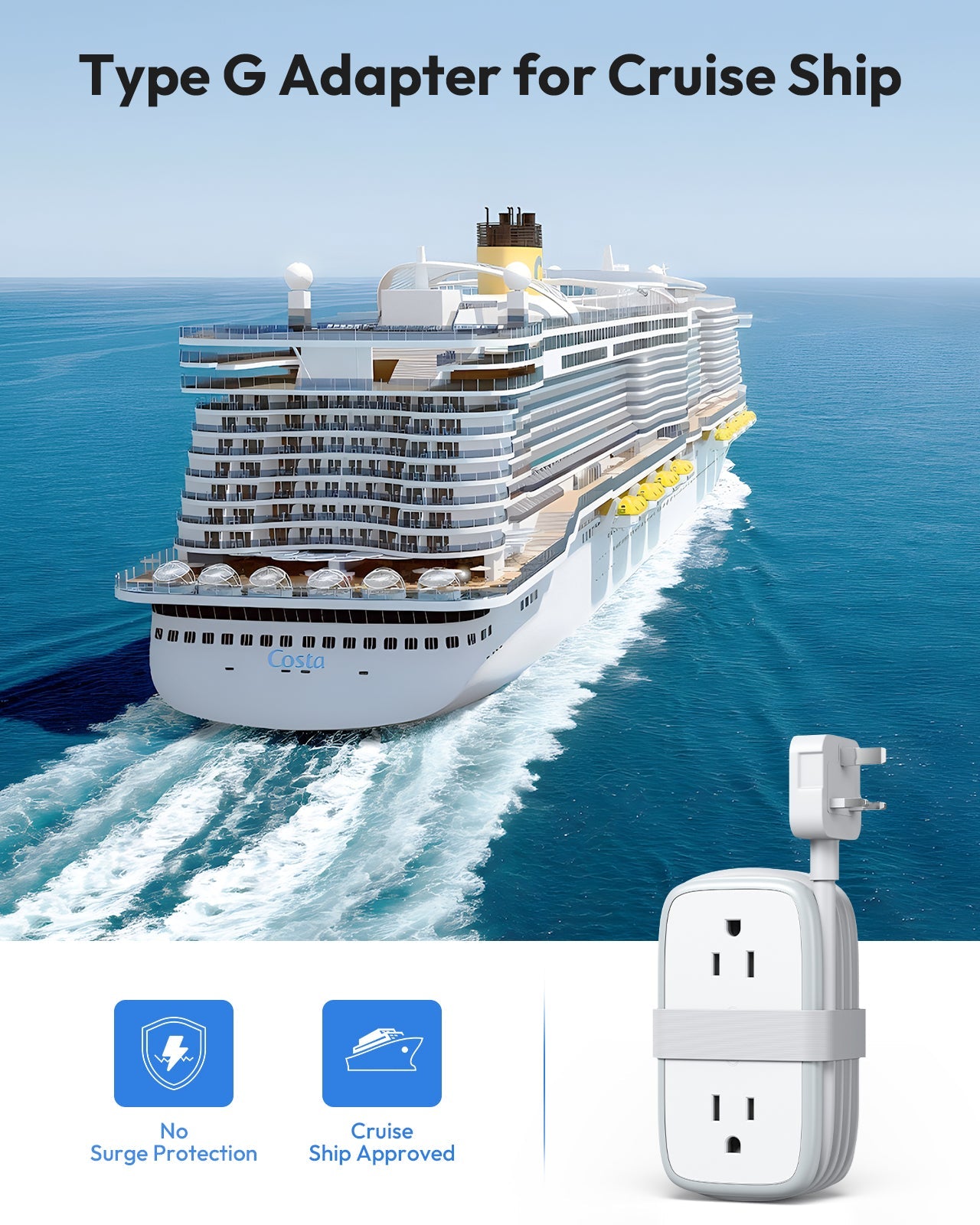 PowerNest US to UK Adapter 4 Outlets 2 USB A 1 USB C
