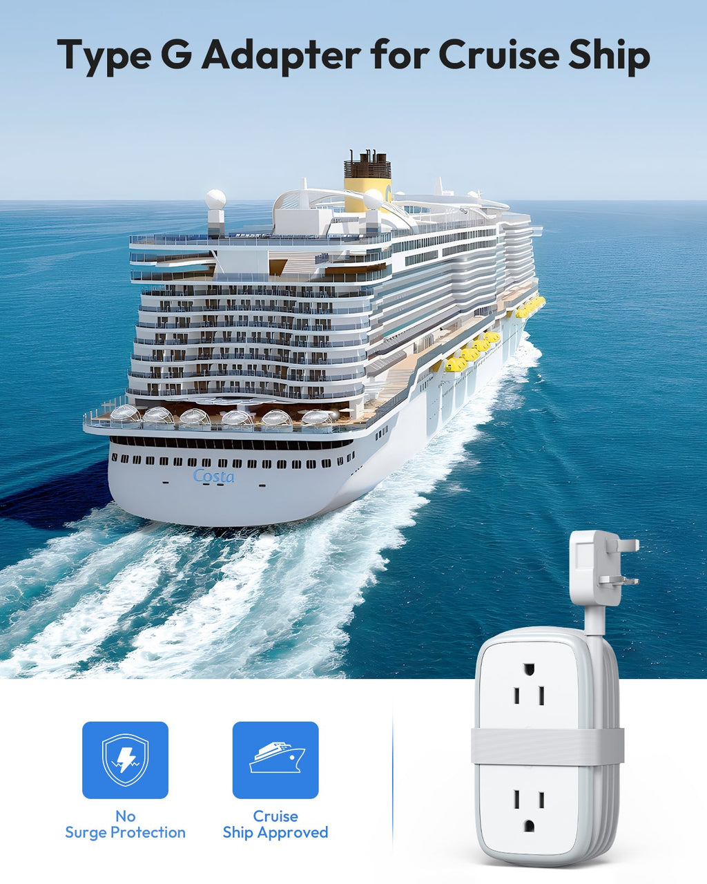 PowerNest US to UK Adapter 4 Outlets 2 USB A 1 USB C