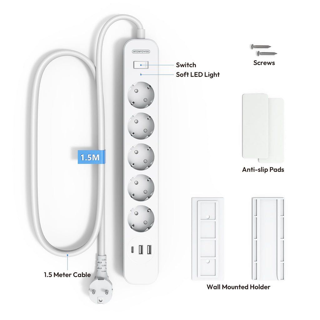 PowerNest EU Power Strip 5 Socket 2-USB-A 1-USB-C Overvoltage Protection