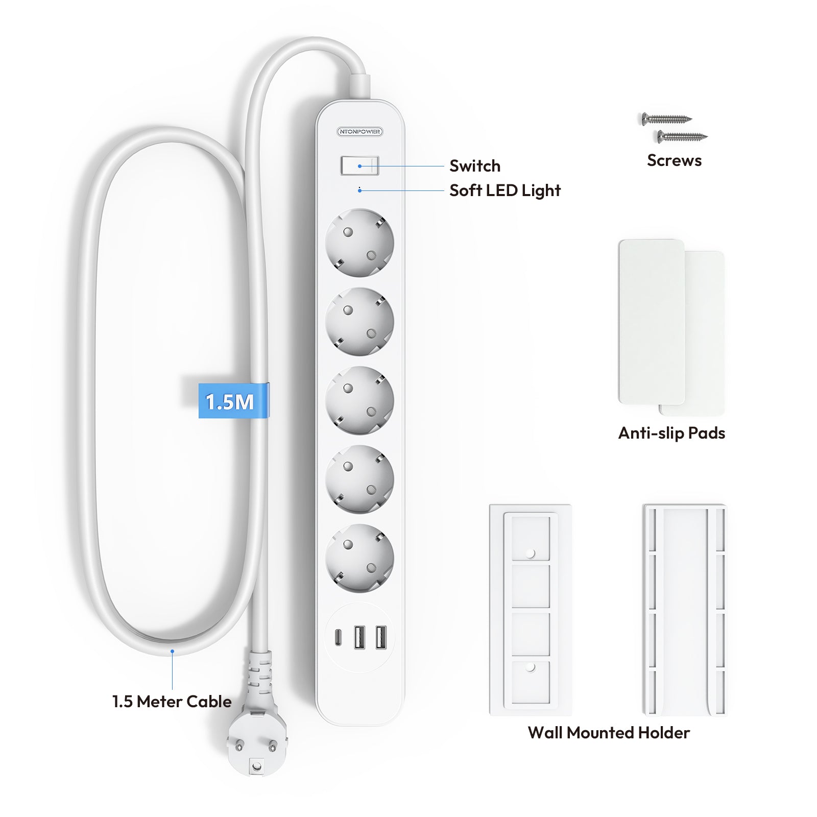 PowerNest EU Power Strip 5 Socket 2-USB-A 1-USB-C Overvoltage Protection