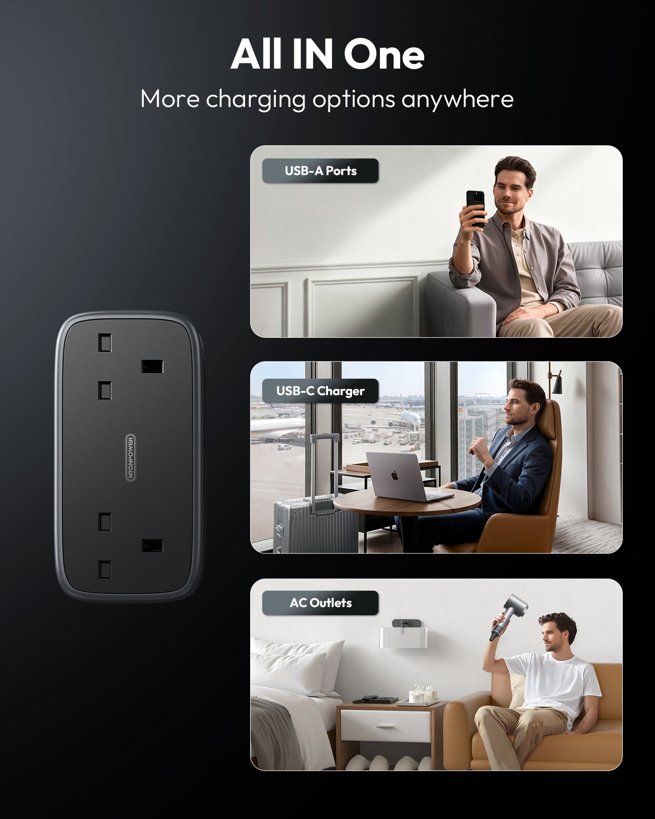 PowerNest UK 65W Travel Power Strip 2 Outlets 2 USB-A 2 USB-C