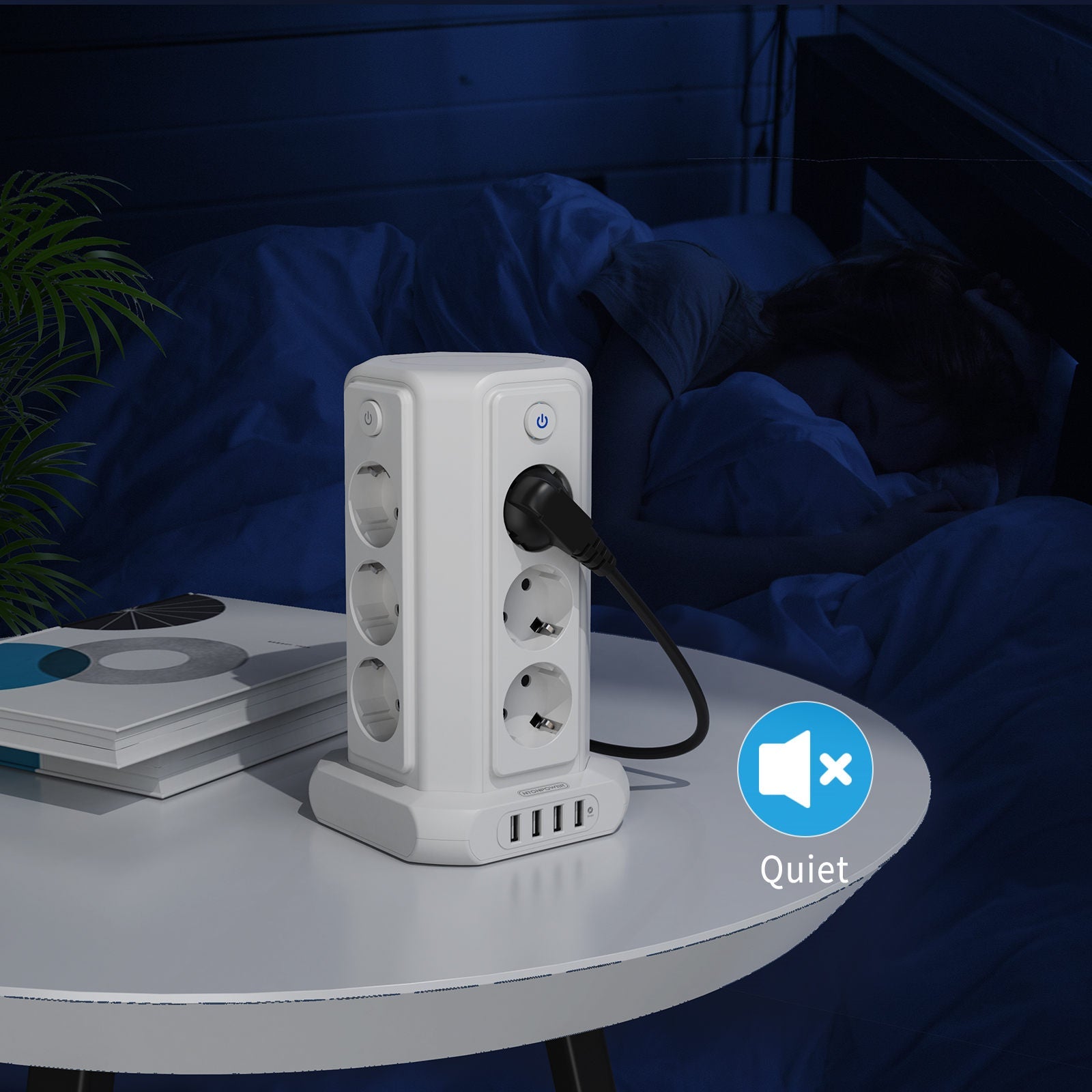 PowerNest EU Surge Protection Power Strip Tower 12 Outlets 4 USB 1080J