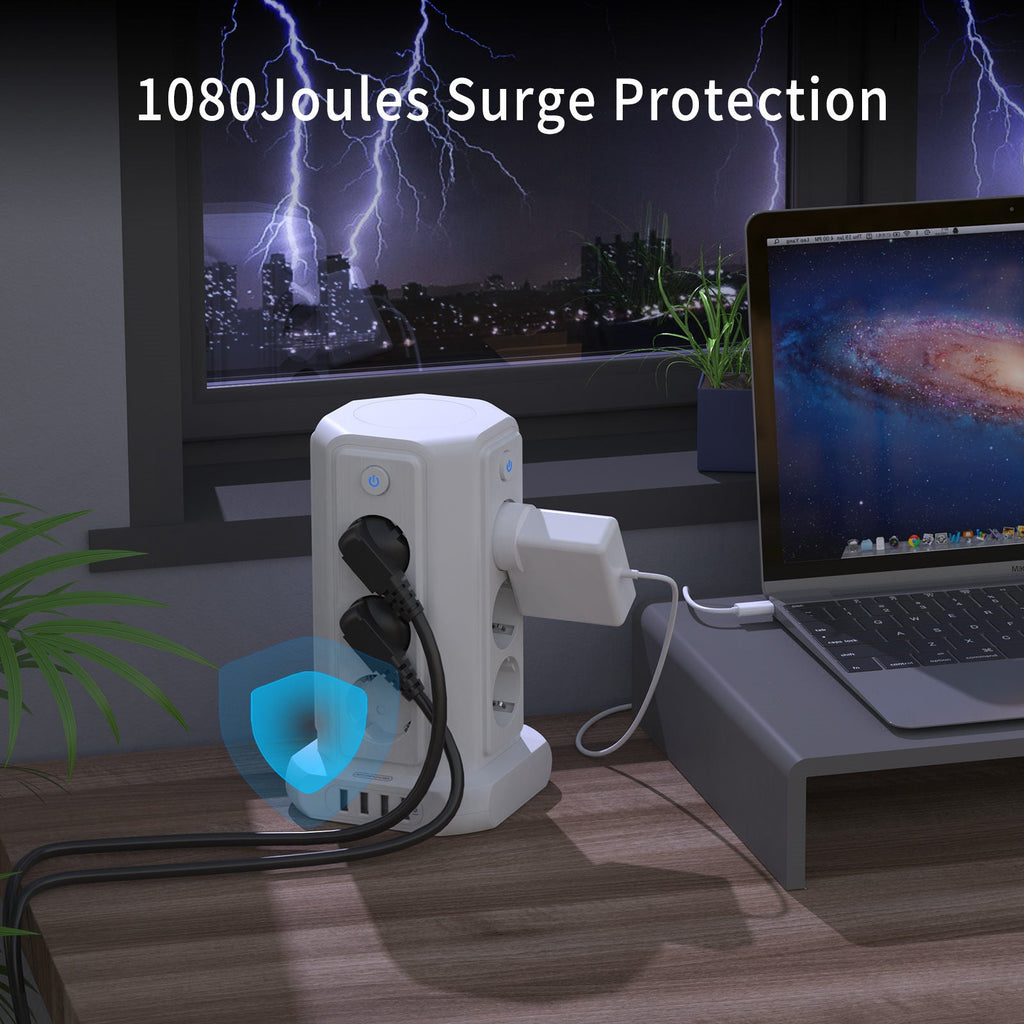 PowerNest EU Surge Protection Power Strip Tower 12 Outlets 4 USB 1080J