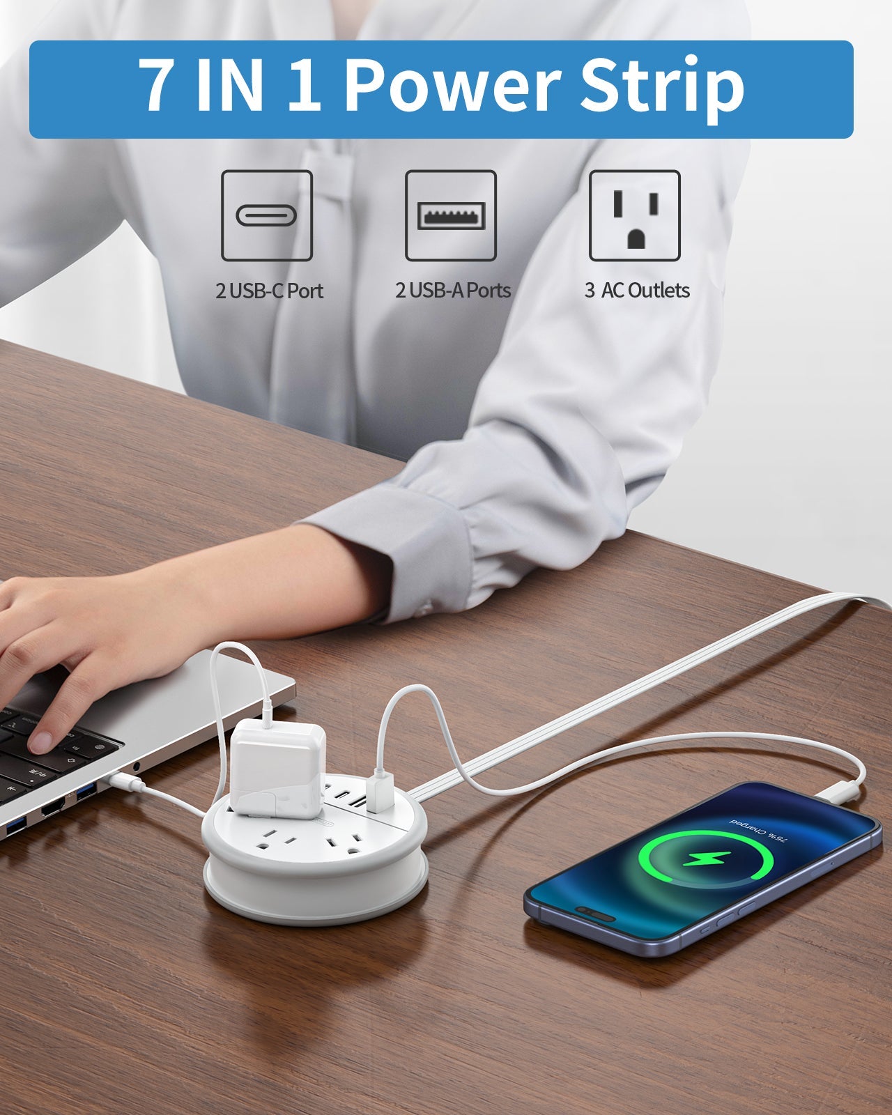 PowerNest New Flat Plug Extension Cord 2 USB C Travel Power Strip