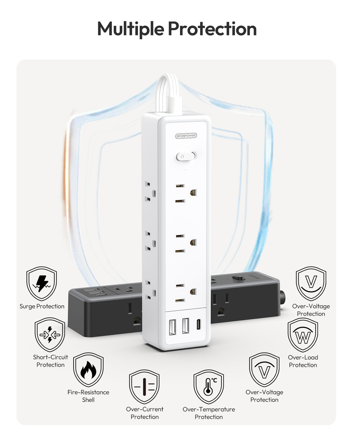 PowerNest Surge Protector  Power Strip 9 Outlets 2 USB-A 1 USB-C