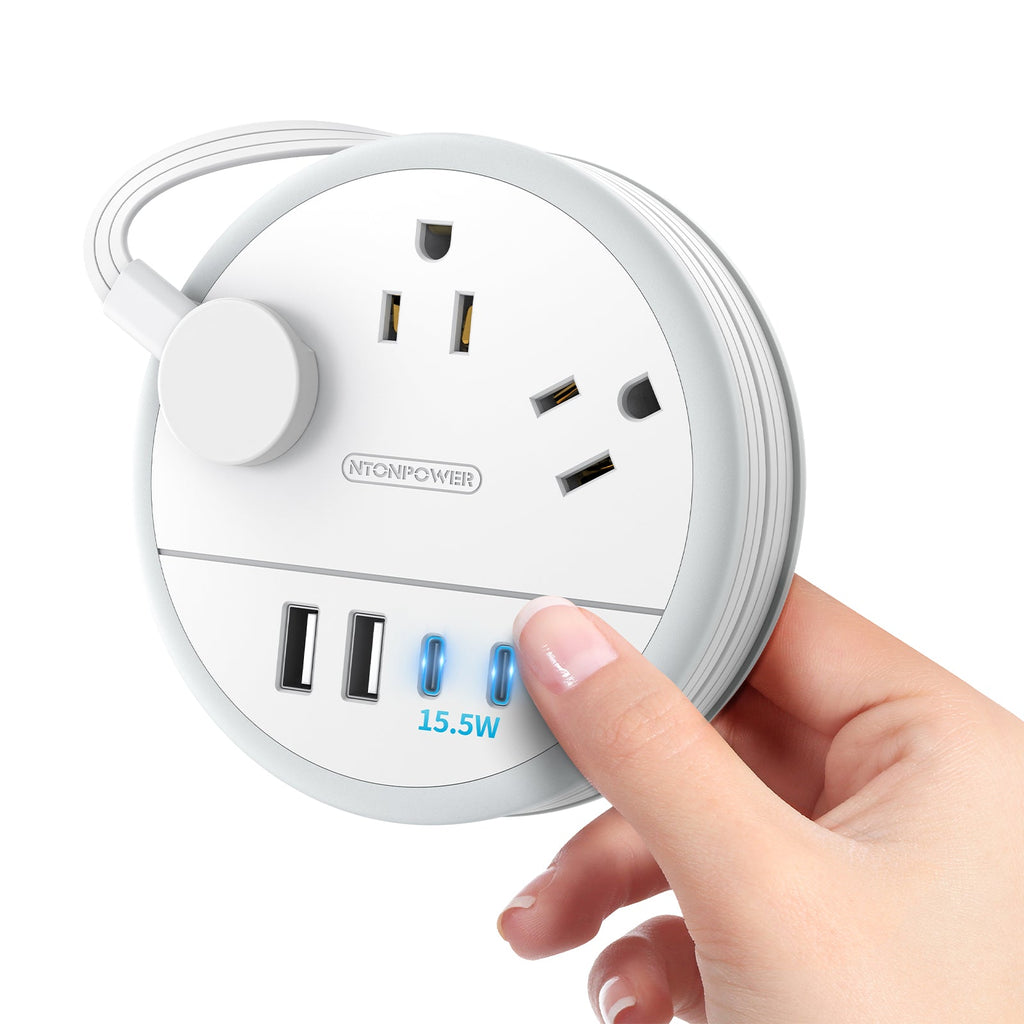 PowerNest New Flat Plug Extension Cord 2 USB C Travel Power Strip