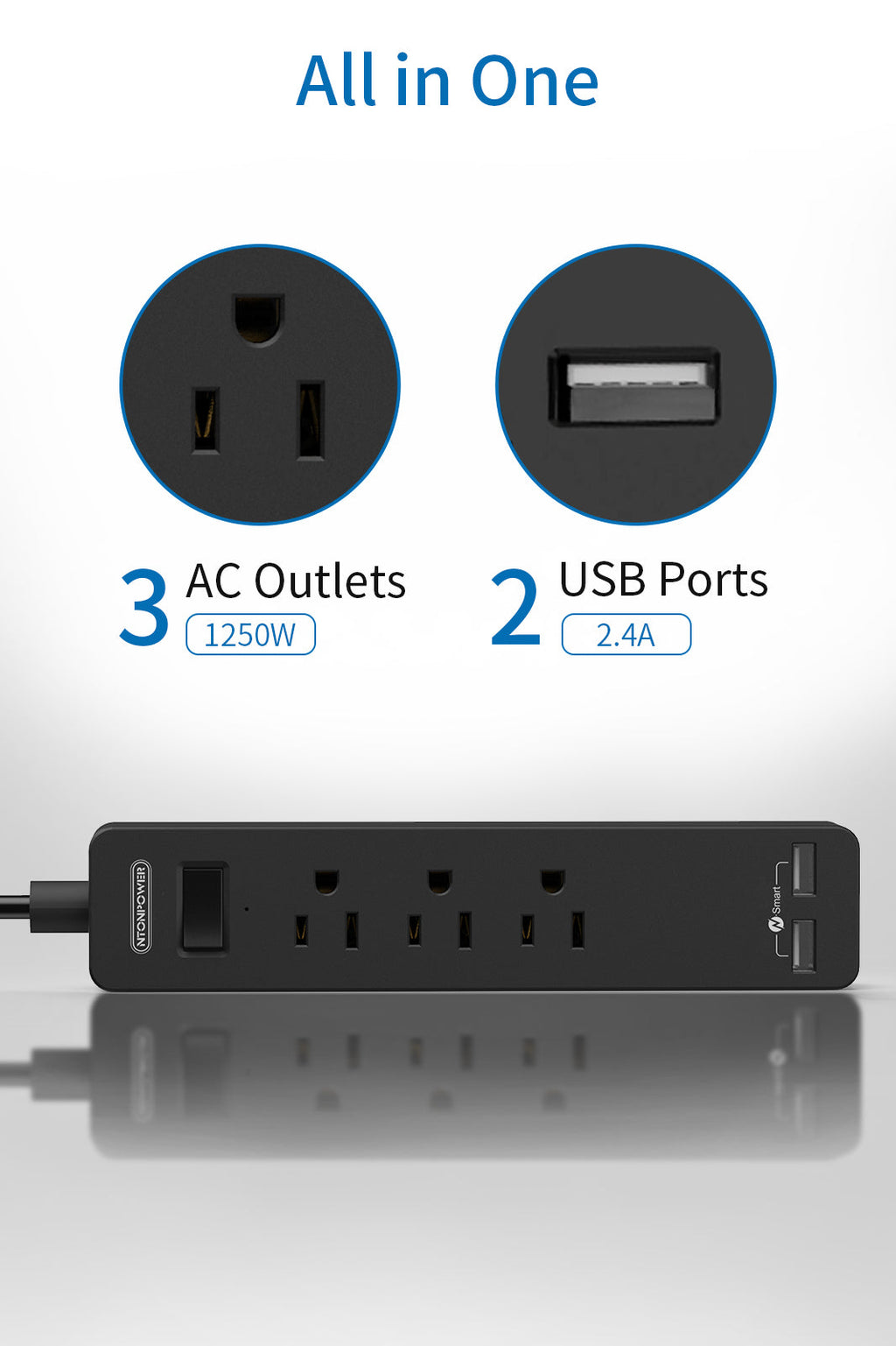 PowerNest Power Strip 3 Outlets 2 USB  Flat Cord