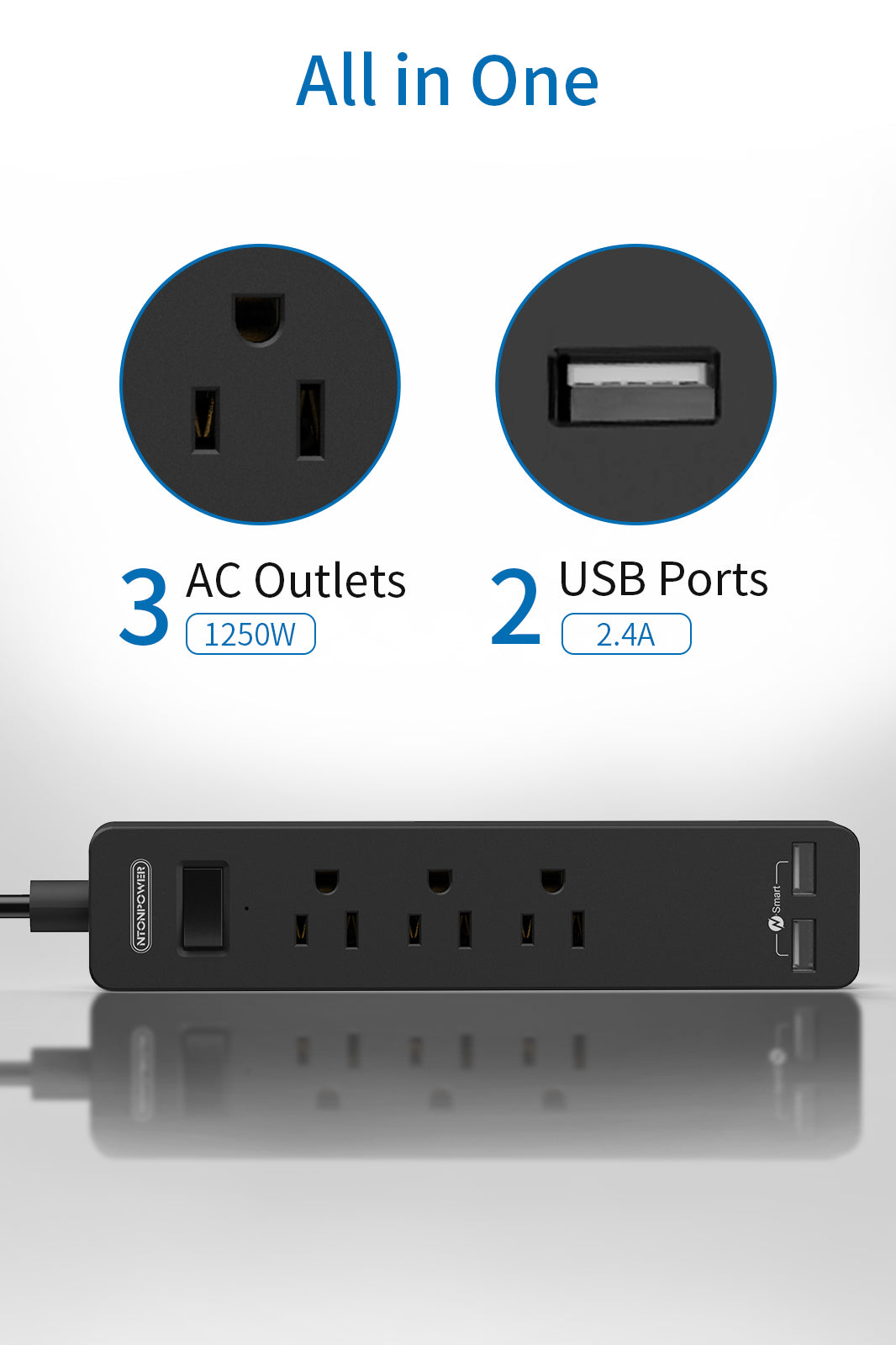 PowerNest Power Strip 3 Outlets 2 USB  Flat Cord