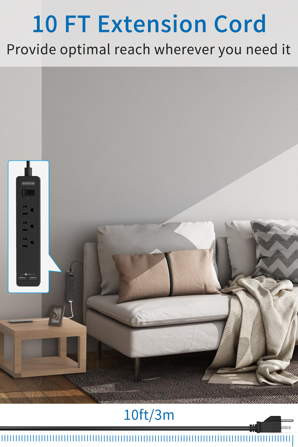 PowerNest Power Strip 3 Outlets 2 USB  Flat Cord