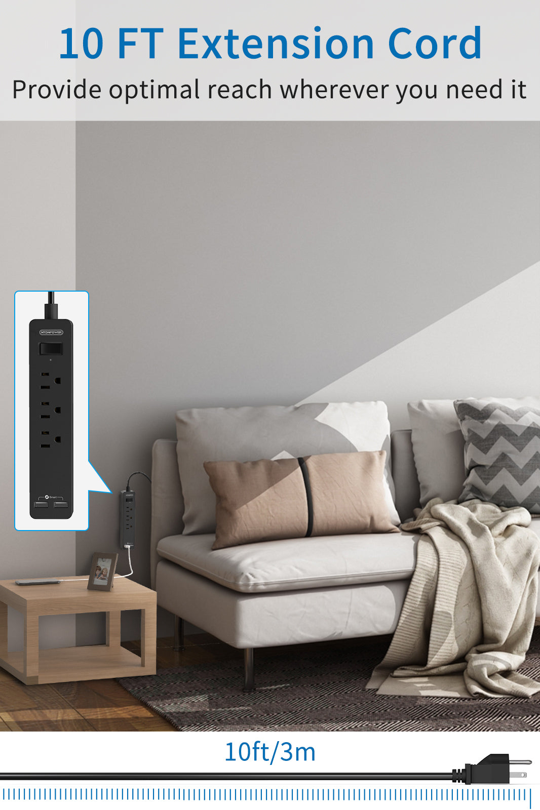 PowerNest Power Strip 3 Outlets 2 USB  Flat Cord