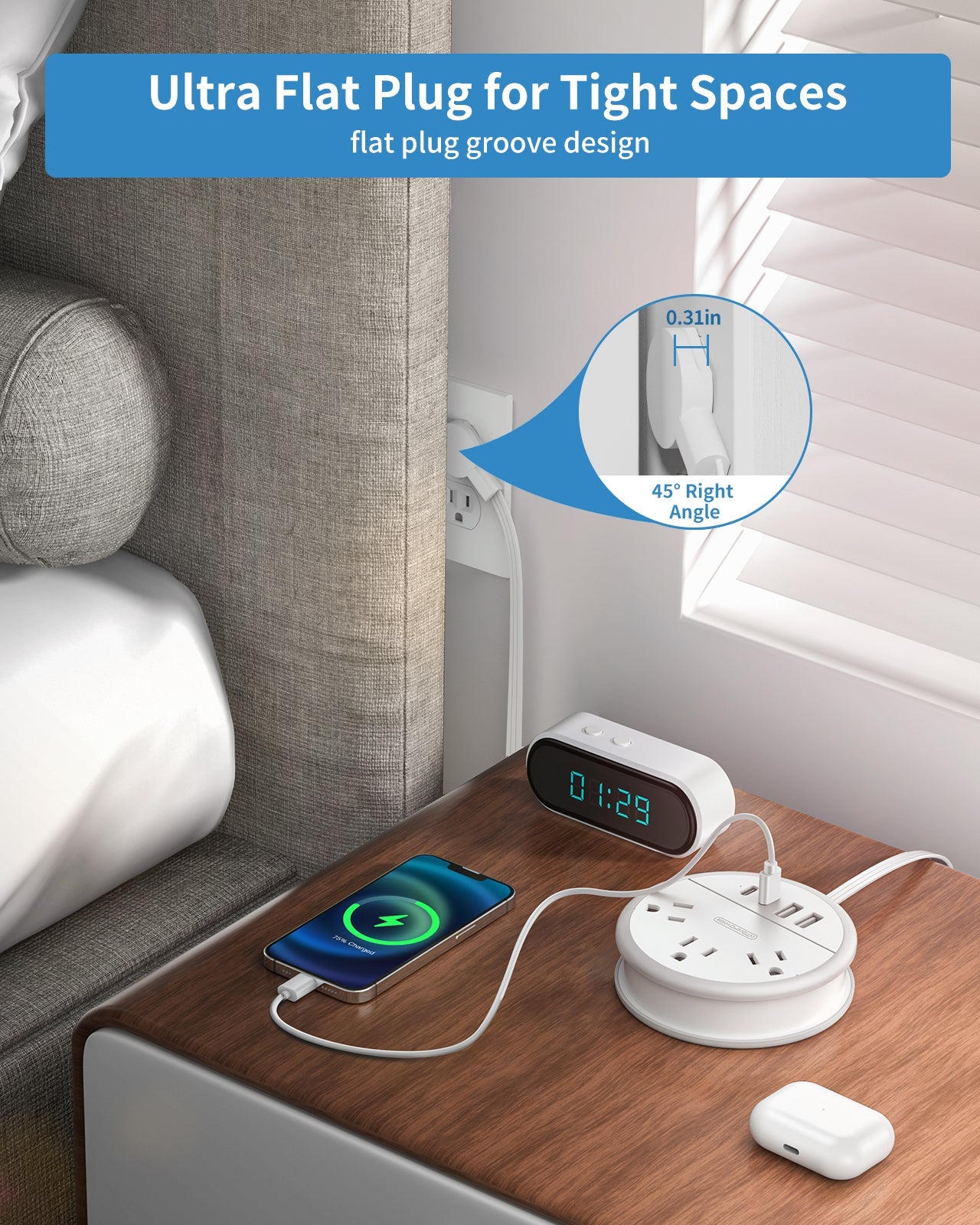 PowerNest New Flat Plug Extension Cord 2 USB C Travel Power Strip