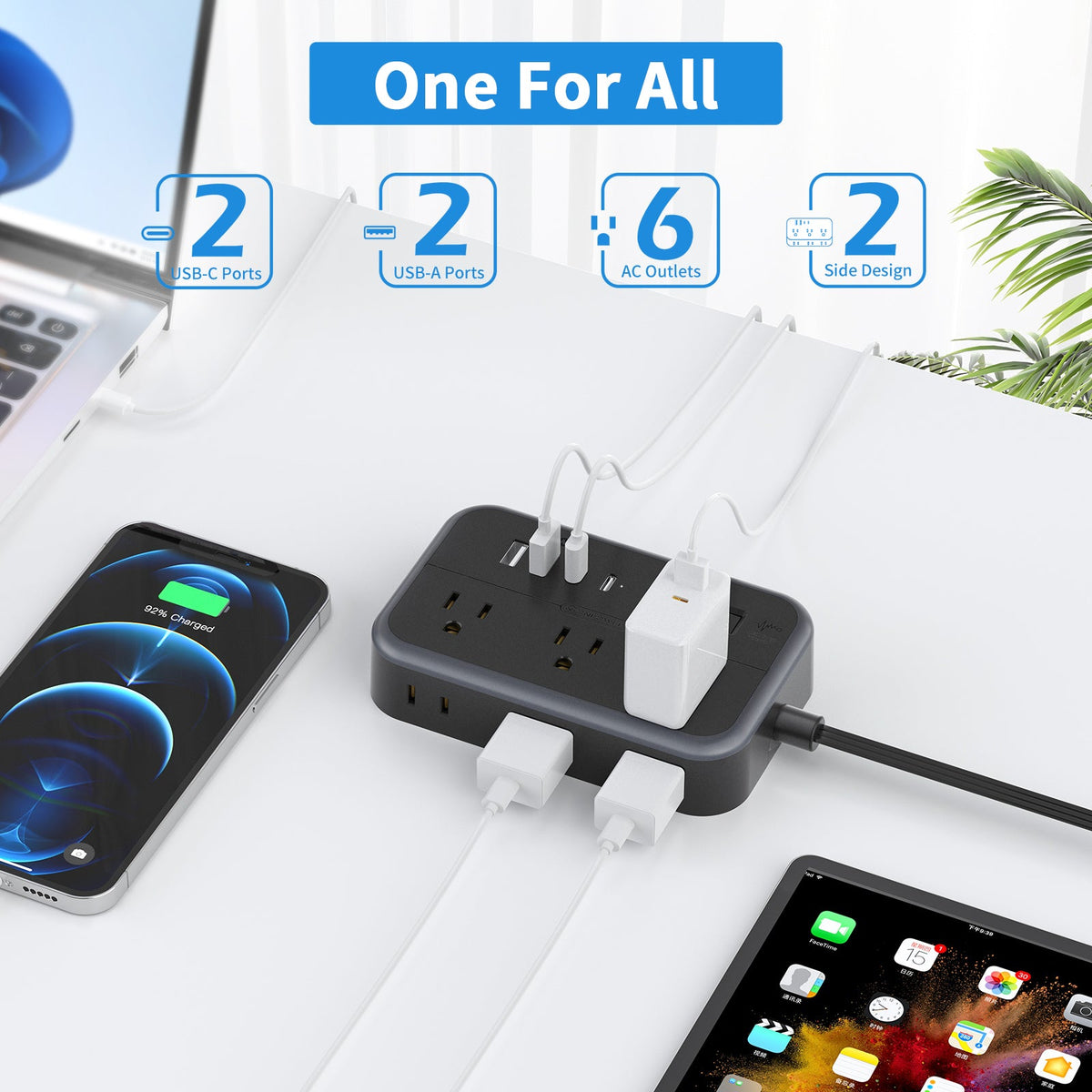 PowerNest New Surge Basic Power Strip 6 Outlets 2 USB 2 TYPE-C Flat Cord