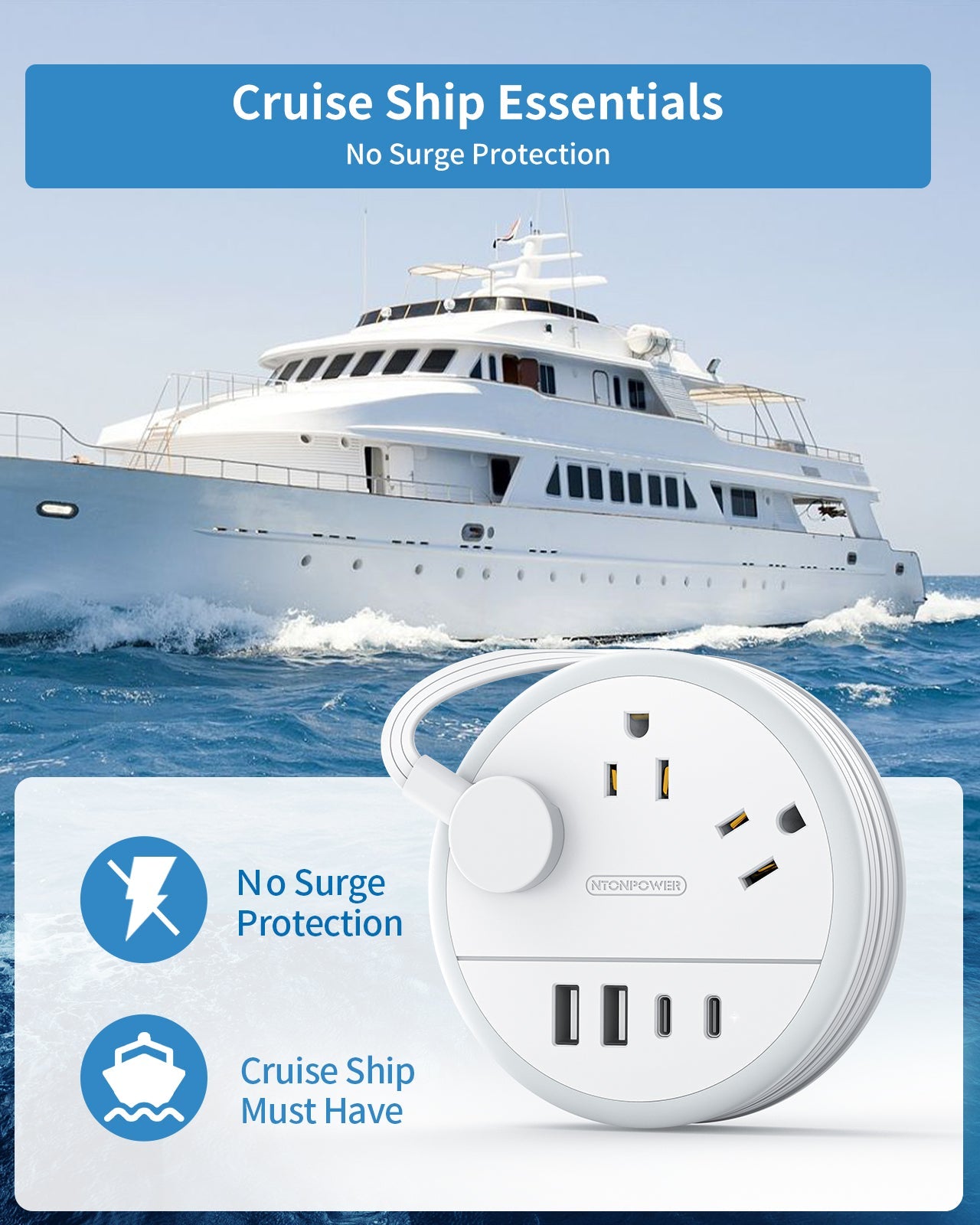 PowerNest New Flat Plug Extension Cord 2 USB C Travel Power Strip