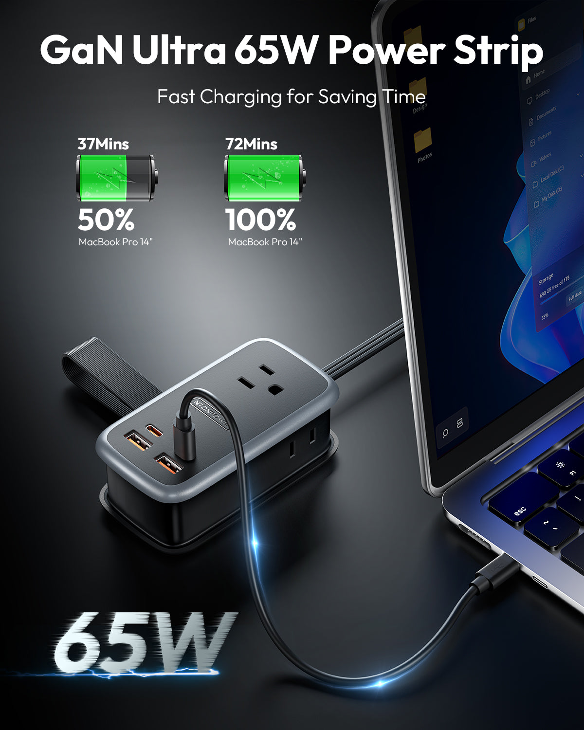 PowerNest GAN Ultra 65W USB  Power Strip, 3 Outlets 2 USB-A 2 USB-C