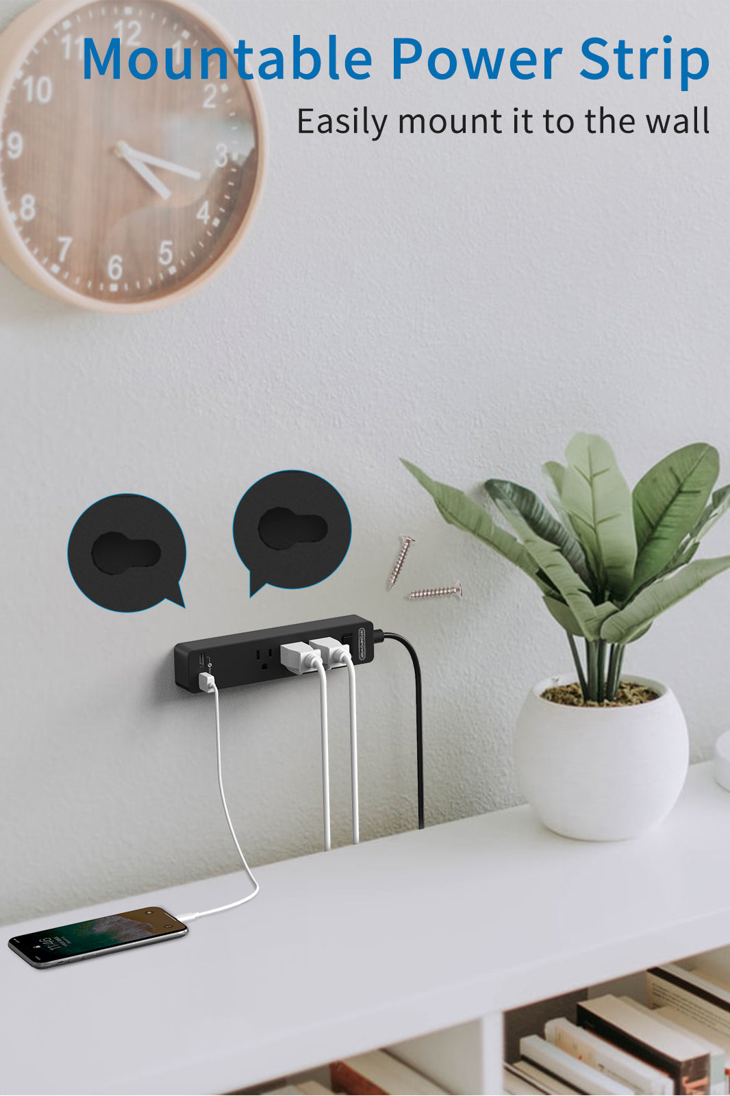 PowerNest Power Strip 3 Outlets 2 USB  Flat Cord