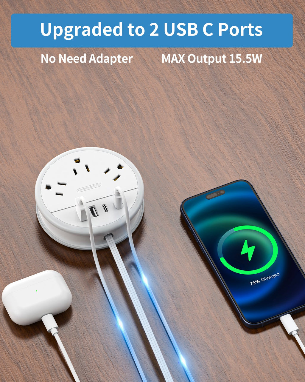PowerNest New Flat Plug Extension Cord 2 USB C Travel Power Strip