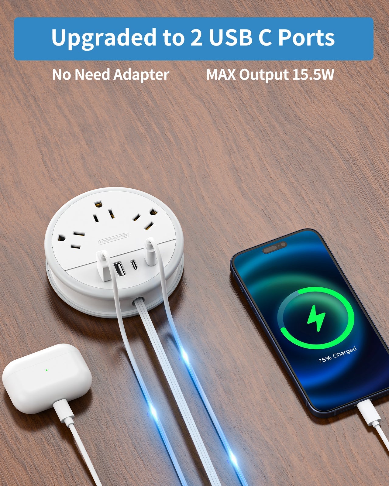 PowerNest New Flat Plug Extension Cord 2 USB C Travel Power Strip