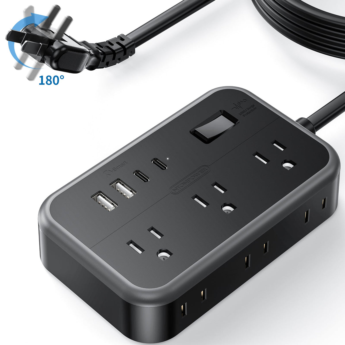 PowerNest New Surge Basic Power Strip 6 Outlets 2 USB 2 TYPE-C Flat Cord
