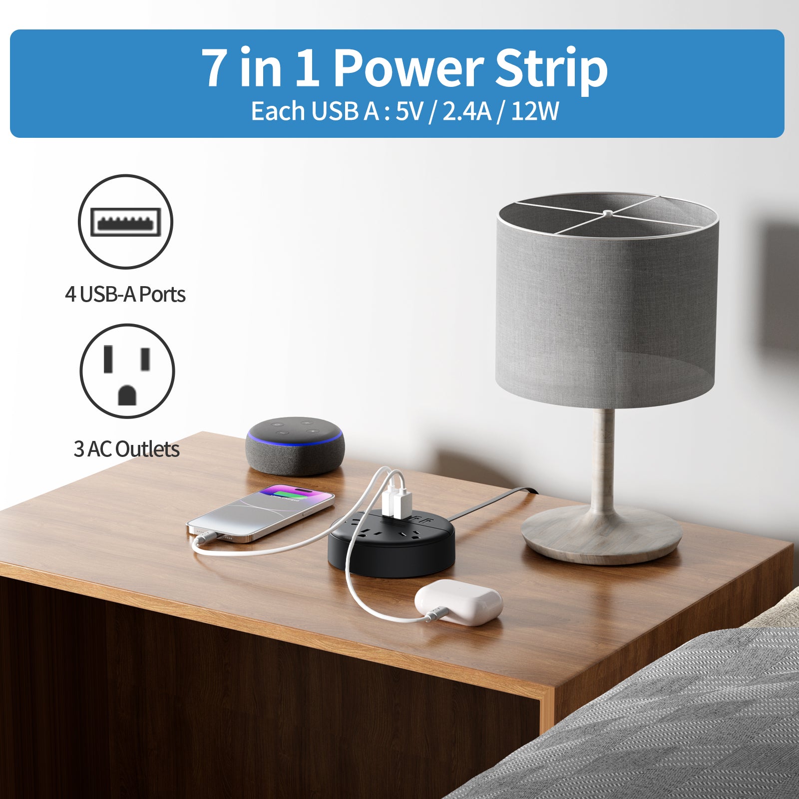 PowerNest New Dot Flat Cord Power Strip 3 Outlets 4 USB Ports