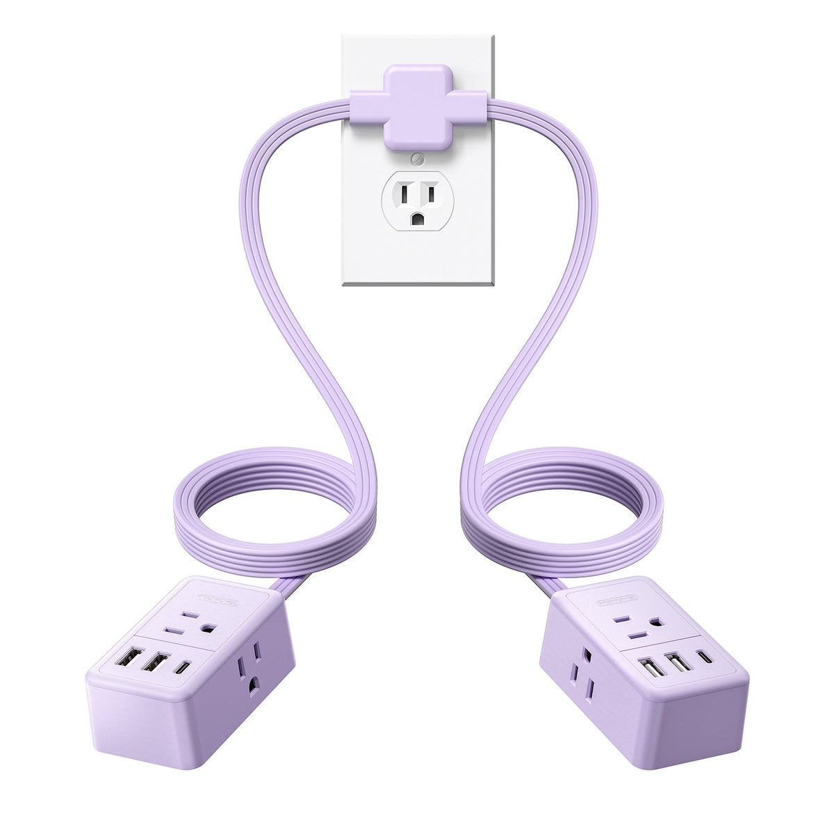 PowerNest Double Extension Cord 12 FT Purple Power Strip 3 Outlets 2 USB A 1 Type C