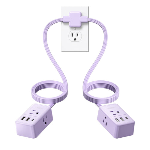 PowerNest Double Extension Cord 12 FT Purple Power Strip 3 Outlets 2 USB A 1 Type C